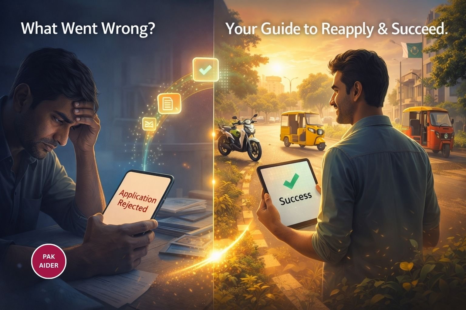 Person holding phone with PAVE Scheme rejection message next to successful electric bike application - Guide for Pakistani applicants 2026