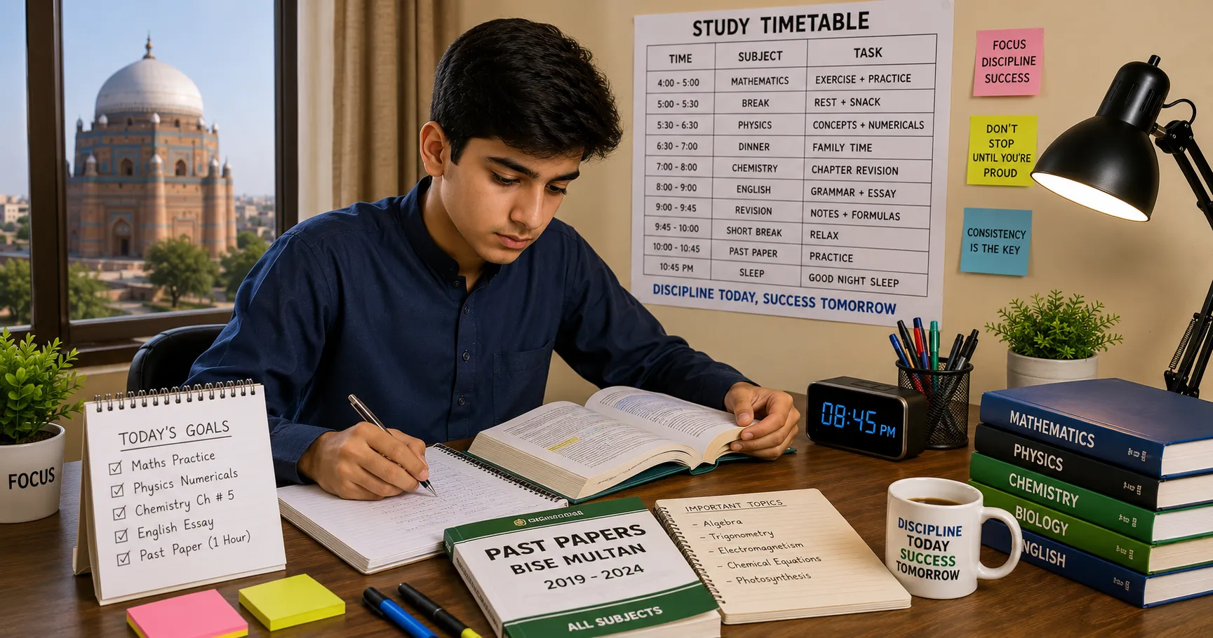Matric student following a structured study timetable at home in Multan.