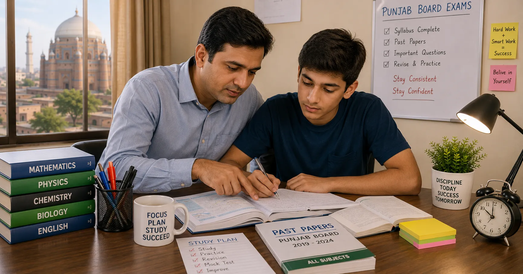 Parent helping a Matric student prepare for Punjab Board examinations at home.