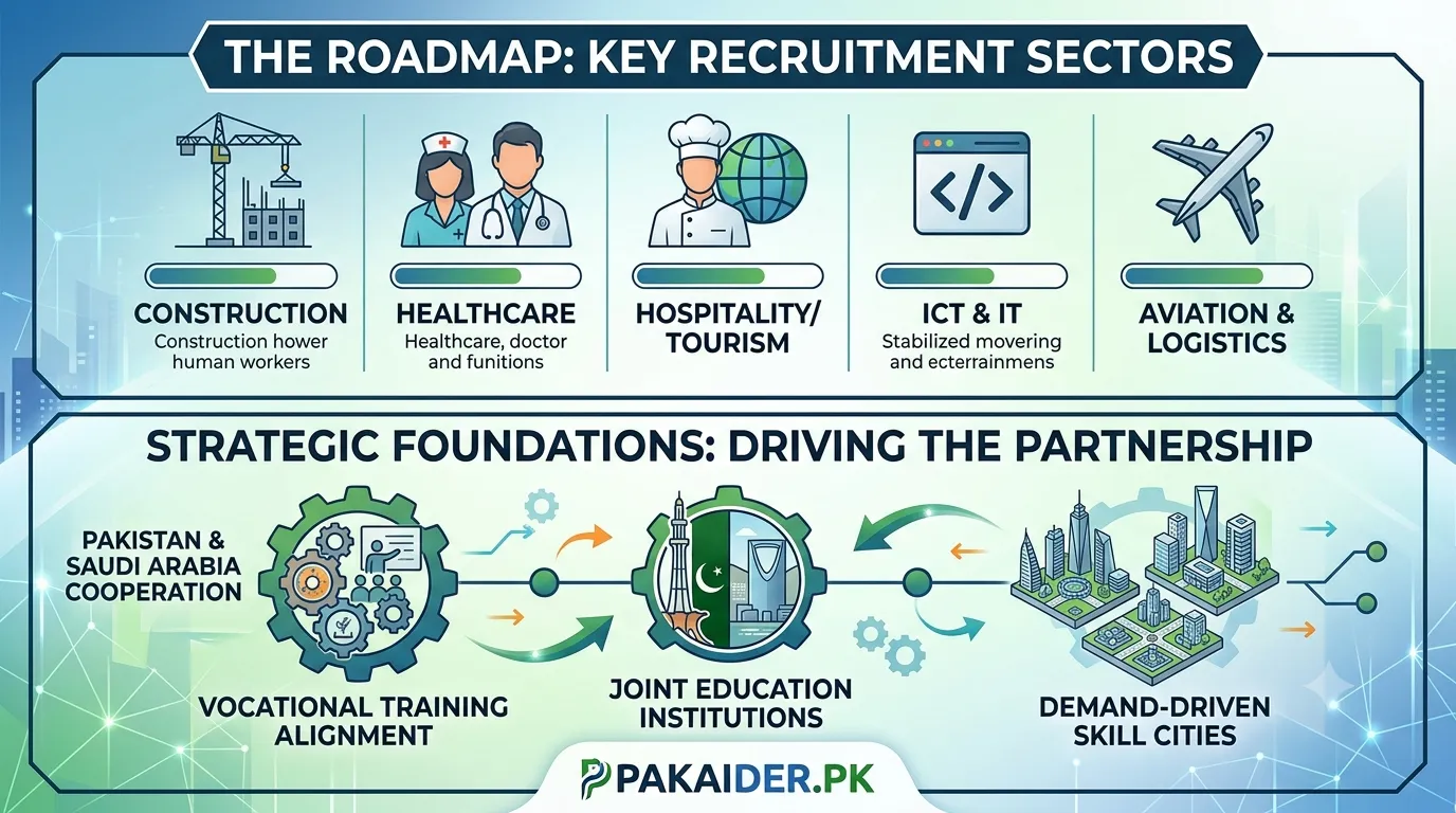 Infographic detailing the key recruitment sectors and strategic foundations for the Pakistan-Saudi Arabia Workforce Strategy 2030.