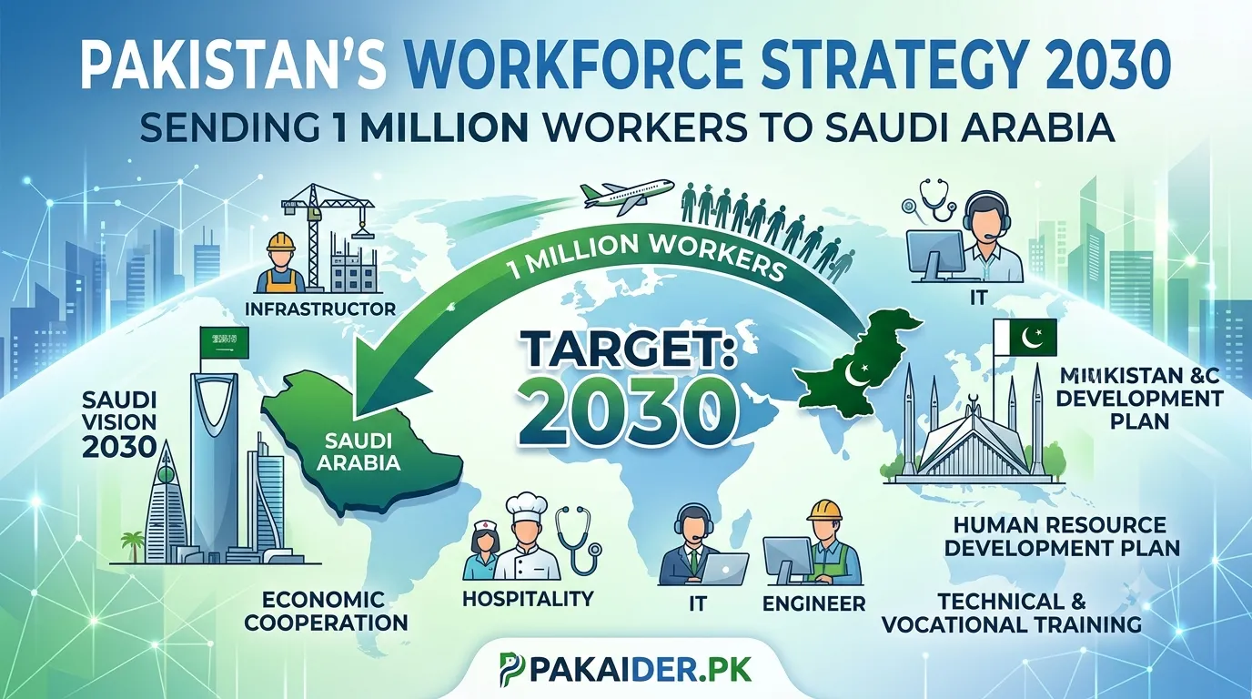 Infographic showing Pakistan's strategy to send 1 million workers to Saudi Arabia by 2030 under Vision 2030.