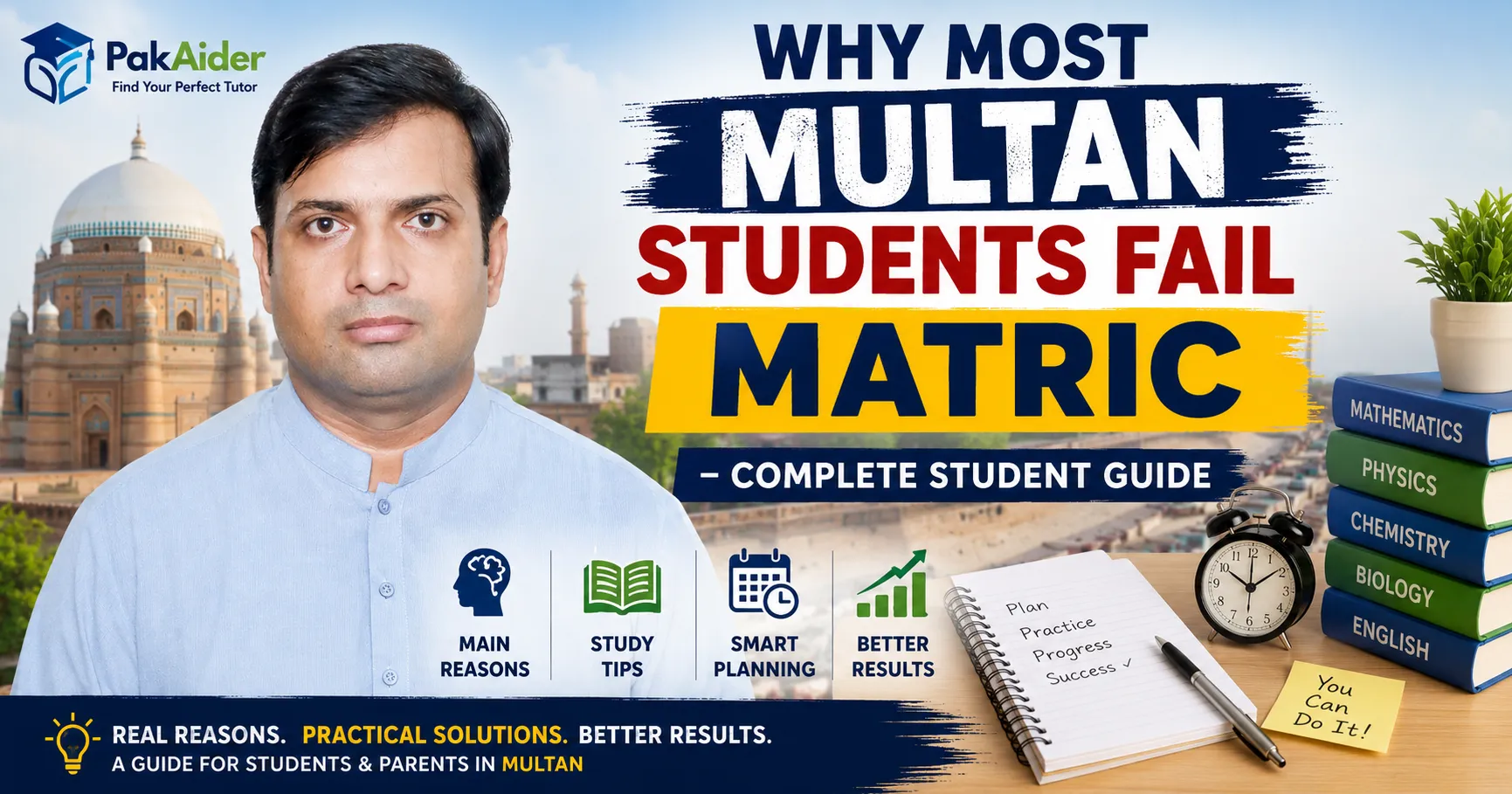 Student in Multan preparing for Matric board exams with books and study notes